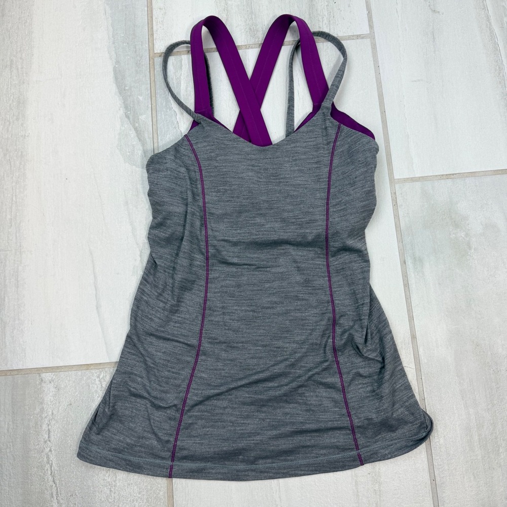 Lululemon Gray Purple Strappy Tank Built In Shelf Bra Size 4